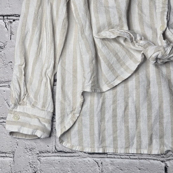 Loft Petites Striped Tie Front Linen Blend Button Up Shirt Beige White Size SP - Picture 5 of 11